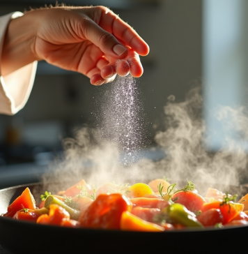 Meilleur moment pour mettre le sel : astuces et conseils culinaires Chef saupoudrant du sel sur légumes rôtis dans une cuisine lumineuse