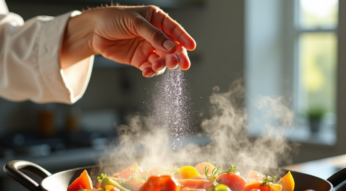 Chef saupoudrant du sel sur légumes rôtis dans une cuisine lumineuse