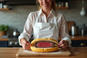 Femme en cuisine ouvrant une croûte de sel sur un filet mignon