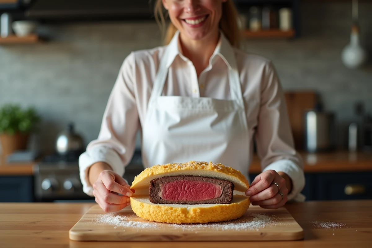 Femme en cuisine ouvrant une croûte de sel sur un filet mignon