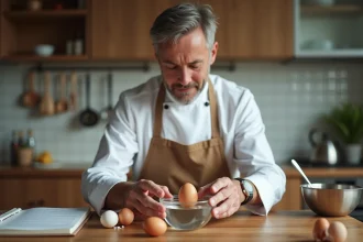 Chef en blanc testant la fraîcheur d'un œuf dans un bol d'eau