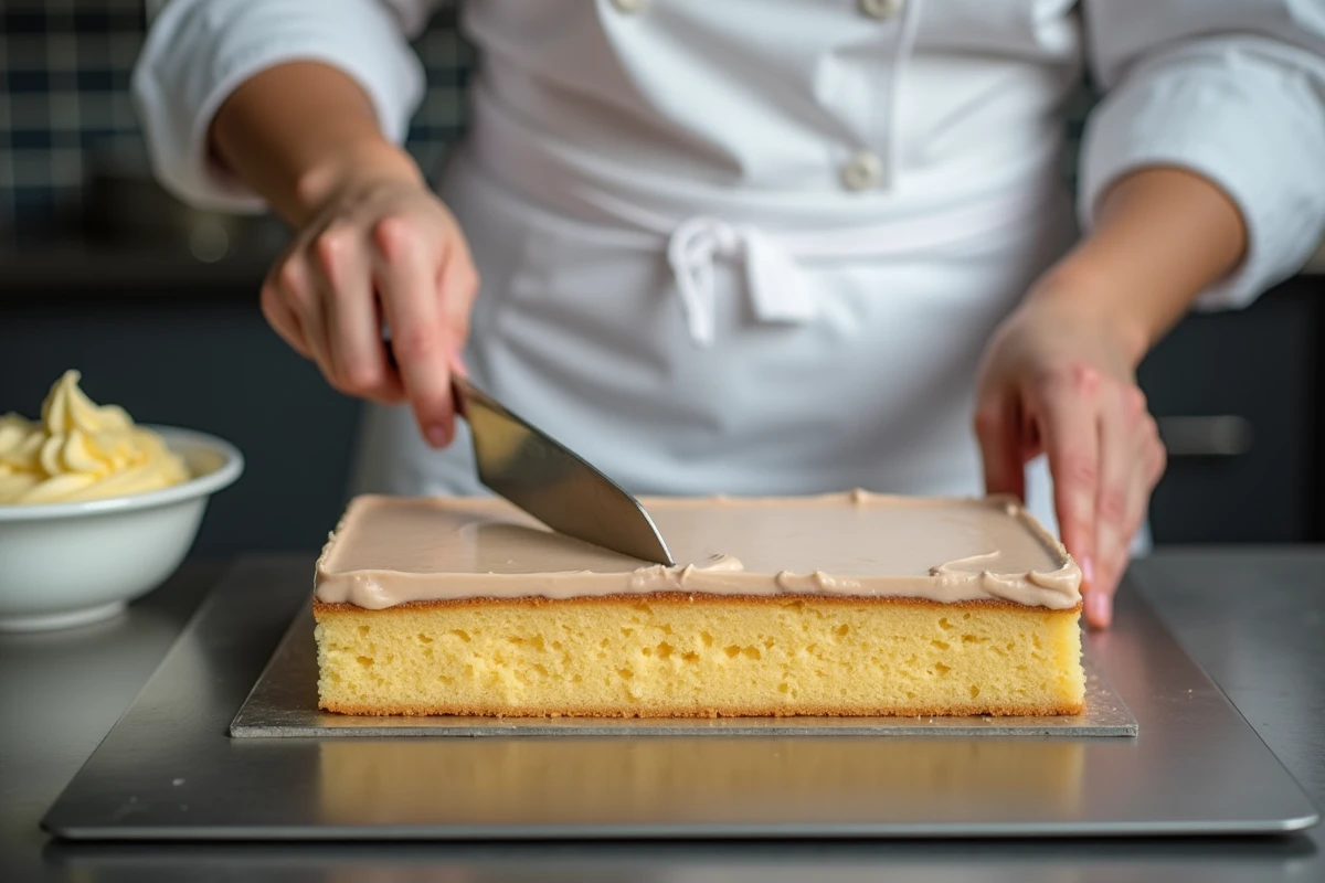 Cheffe pâtissière étalant la crème au beurre légère au café sur une génoise joconde dans une cuisine professionnelle