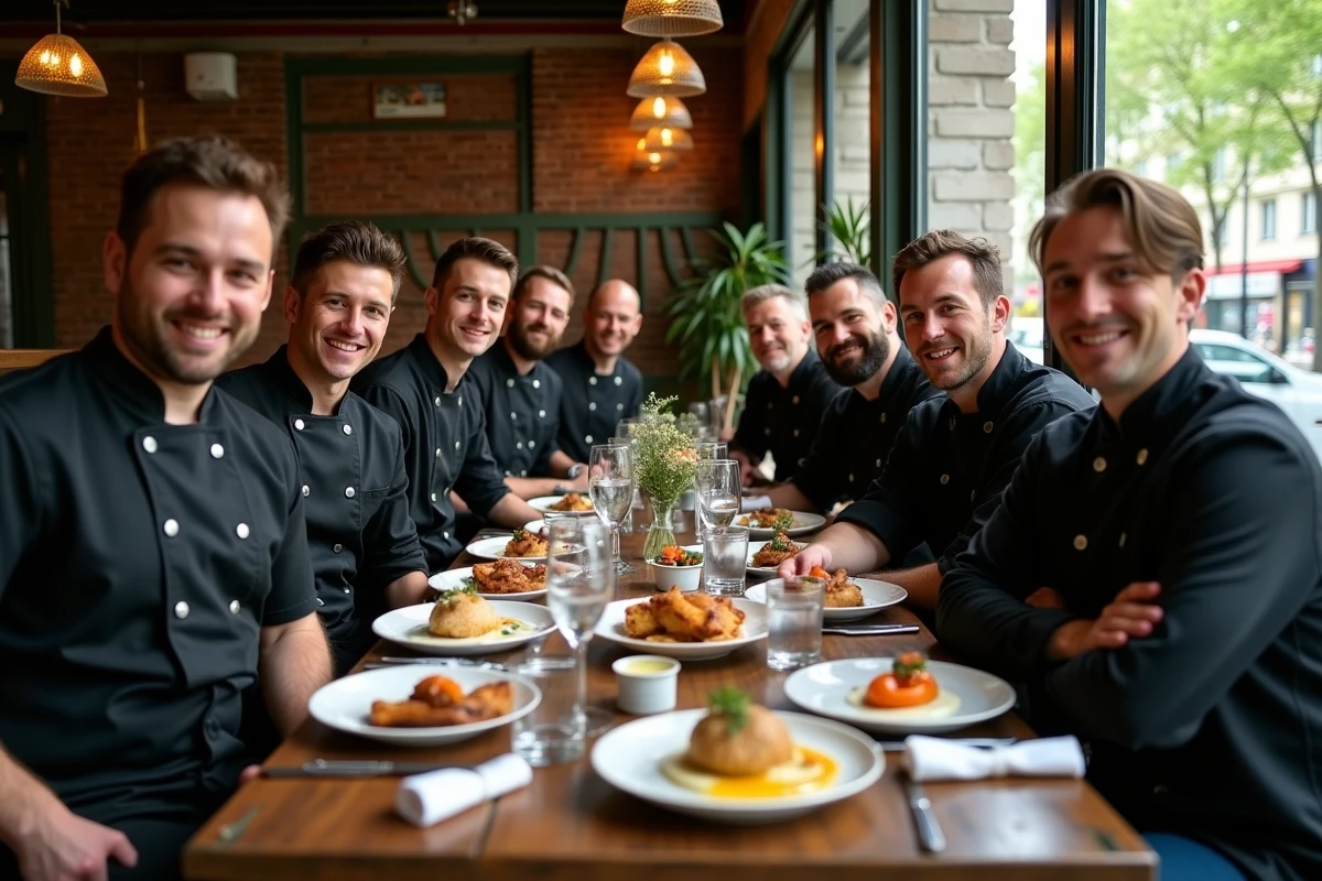 Groupe de chefs dans un bistrot parisien convivial et chaleureux