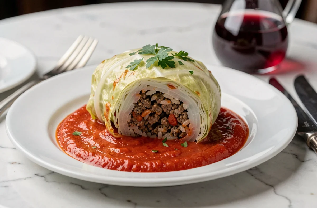 Chou farci coupé en deux sur assiette blanche révélant la farce au boeuf et riz avec sauce tomate