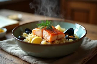 Bol de choucroute aux poissons express avec saumon, haddock et moules sur table en bois, garni de citron et aneth