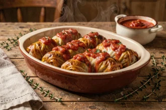 Choux farcis gratinés en cocotte ovale avec sauce tomate maison et thym frais, style bistrot français