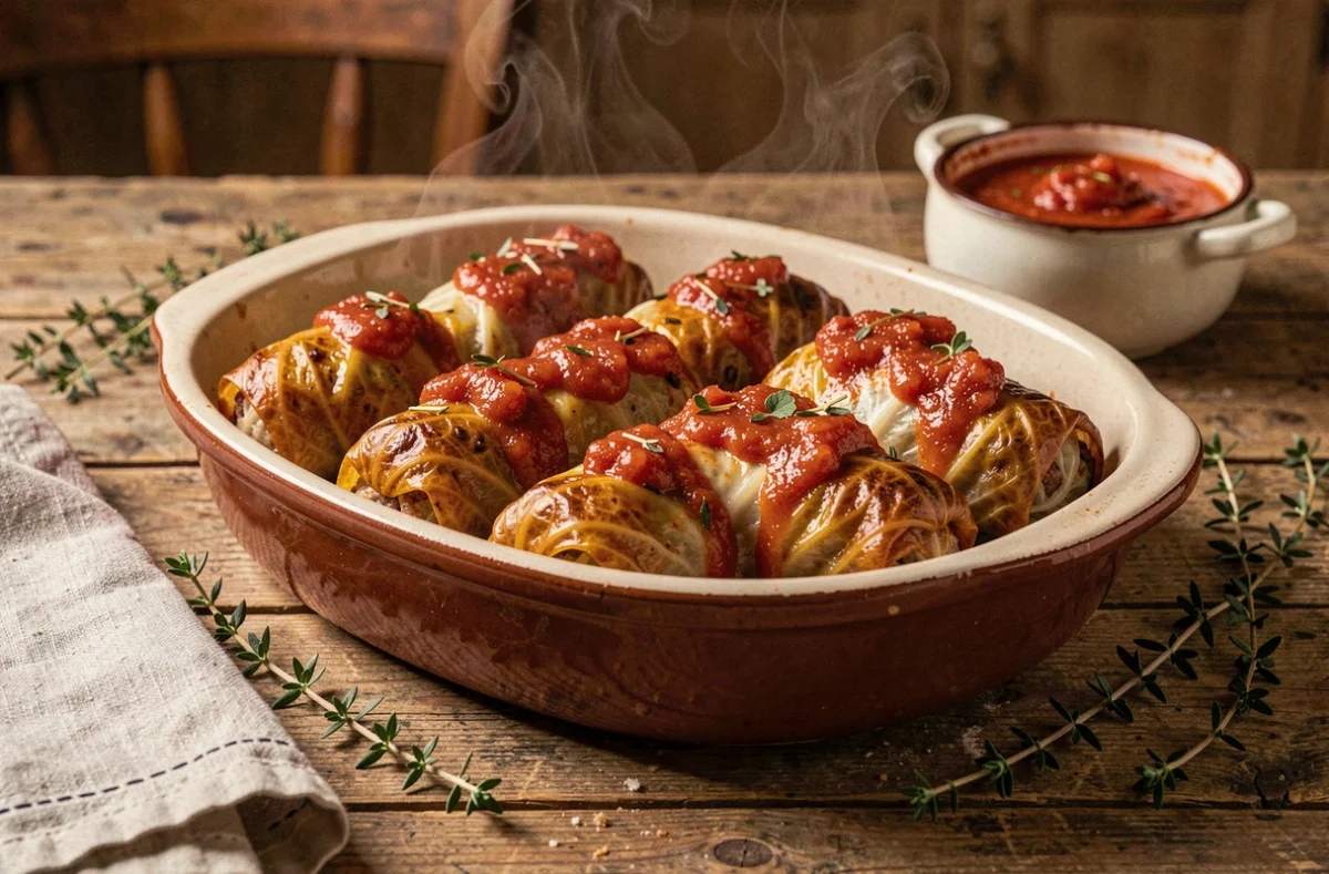 Choux farcis gratinés en cocotte ovale avec sauce tomate maison et thym frais, style bistrot français