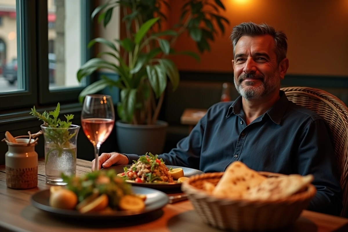 Client satisfait attablé au restaurant libanais Le Cèdre Paris avec mezze traditionnels et verre de rosé