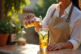 Femme versant un cocktail Ricard maison avec concombre et glaçons sur un comptoir de bar provençal en extérieur
