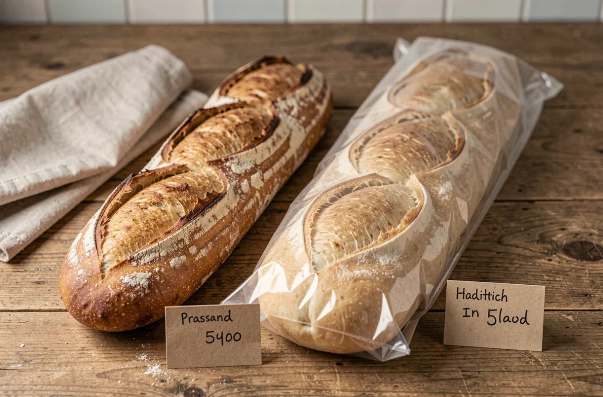 Comparaison côte à côte d'une baguette artisanale de boulangerie et d'une baguette industrielle hard-discount avec prix