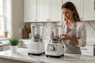 Femme comparant deux robots cuiseurs multifonctions sur un plan de travail en marbre dans une cuisine moderne