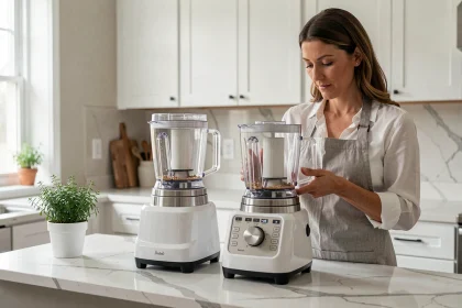 Femme comparant deux robots cuiseurs multifonctions sur un plan de travail en marbre dans une cuisine moderne
