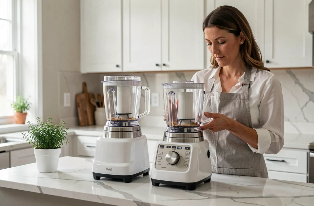 Femme comparant deux robots cuiseurs multifonctions sur un plan de travail en marbre dans une cuisine moderne