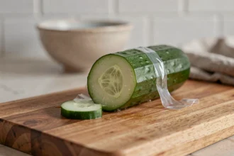 Demi-concombre entamé posé sur une planche en bois avec du film plastique, surface humide visible