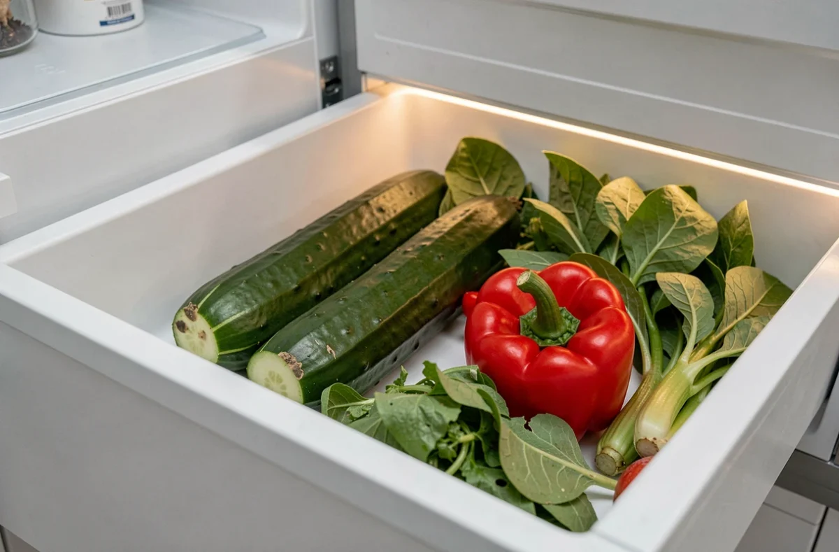 Tiroir de réfrigérateur ouvert avec un concombre entamé mal conservé parmi d'autres légumes frais