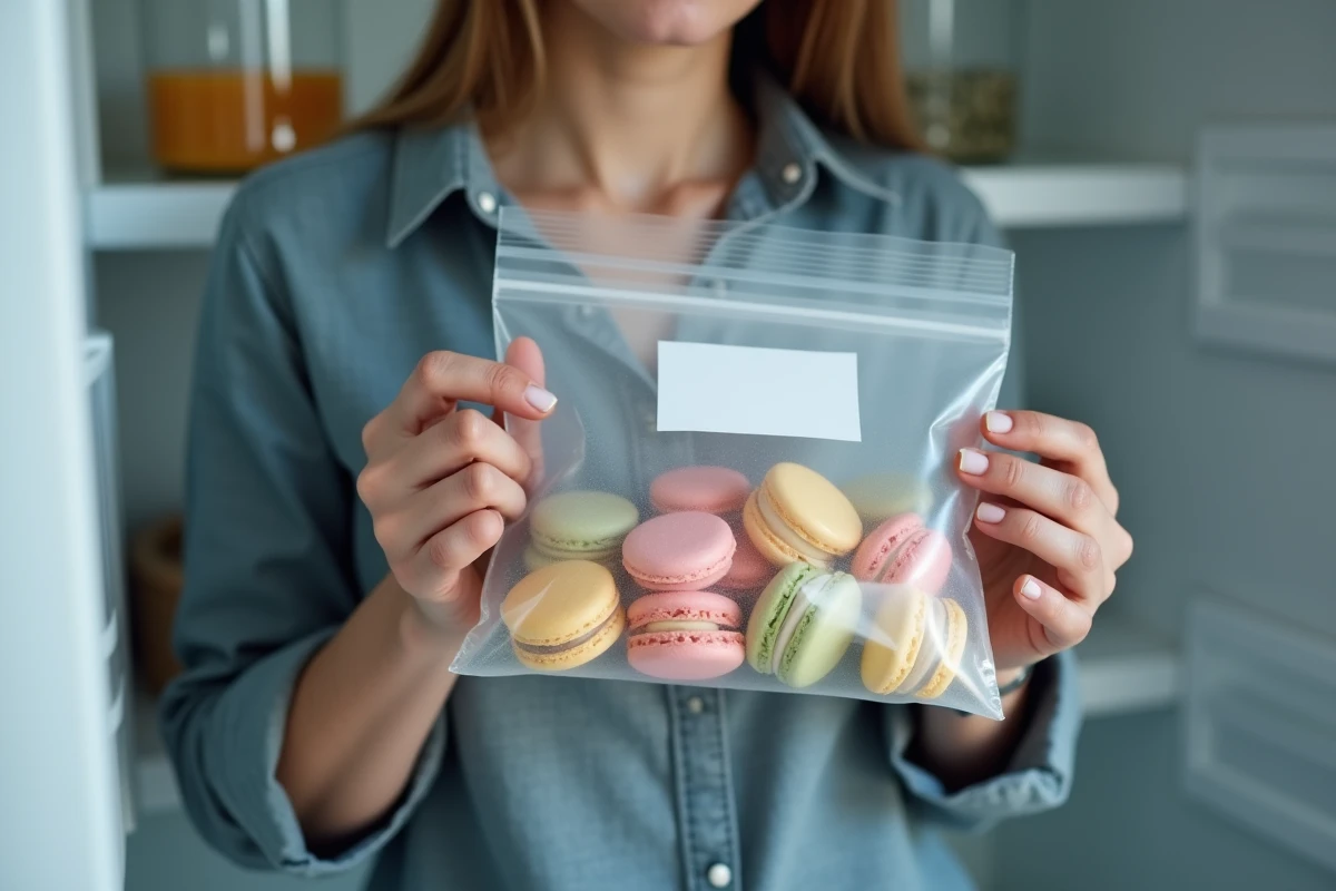 Femme vérifiant des coques de macarons vides conservées dans un sac de congélation au congélateur