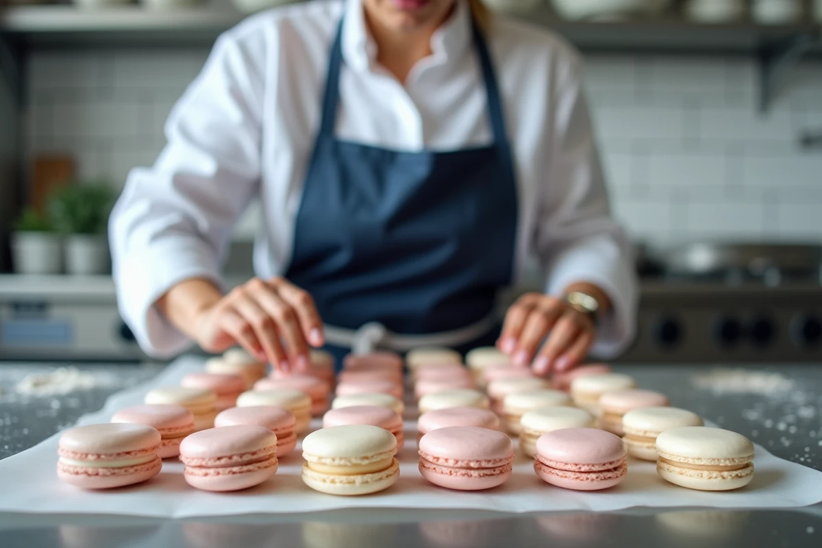 Cheffe pâtissière arrangeant des coques de macarons vides sur une plaque dans une cuisine professionnelle