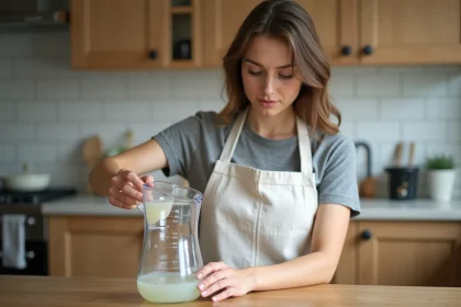 Femme versant un liquide d'une tasse graduée en centilitres dans un pichet en verre, illustration de la conversion cl en litre en cuisine