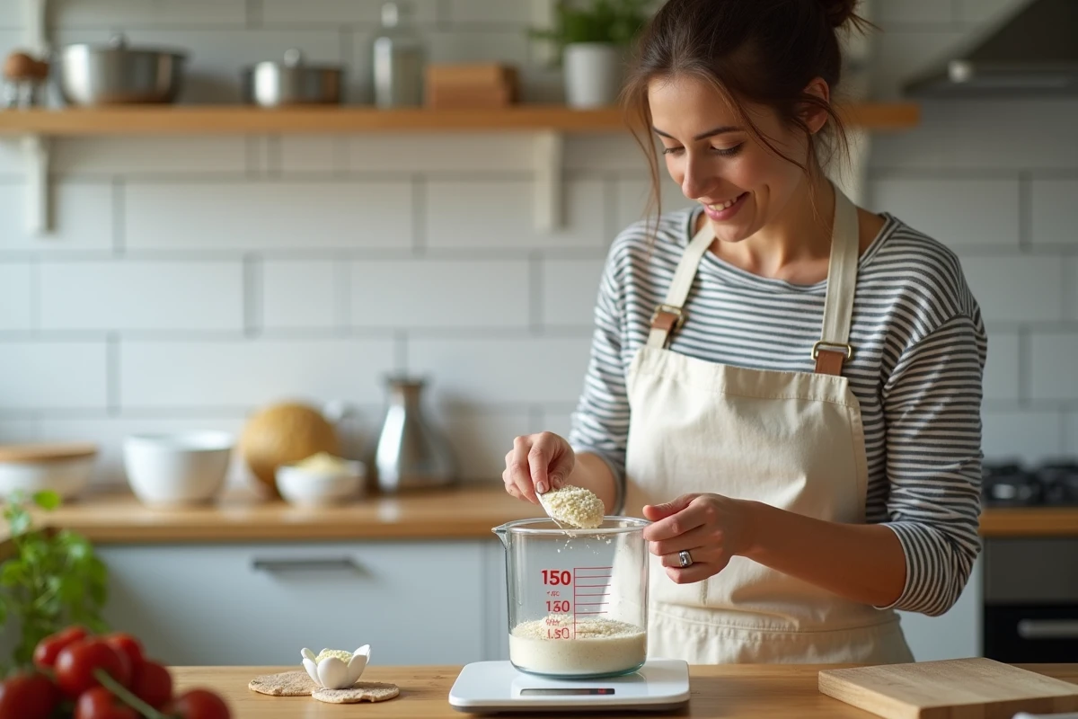 Femme en tablier versant 150g de riz sur une balance de cuisine à côté d'un verre doseur, dans une cuisine moderne avec carrelage blanc