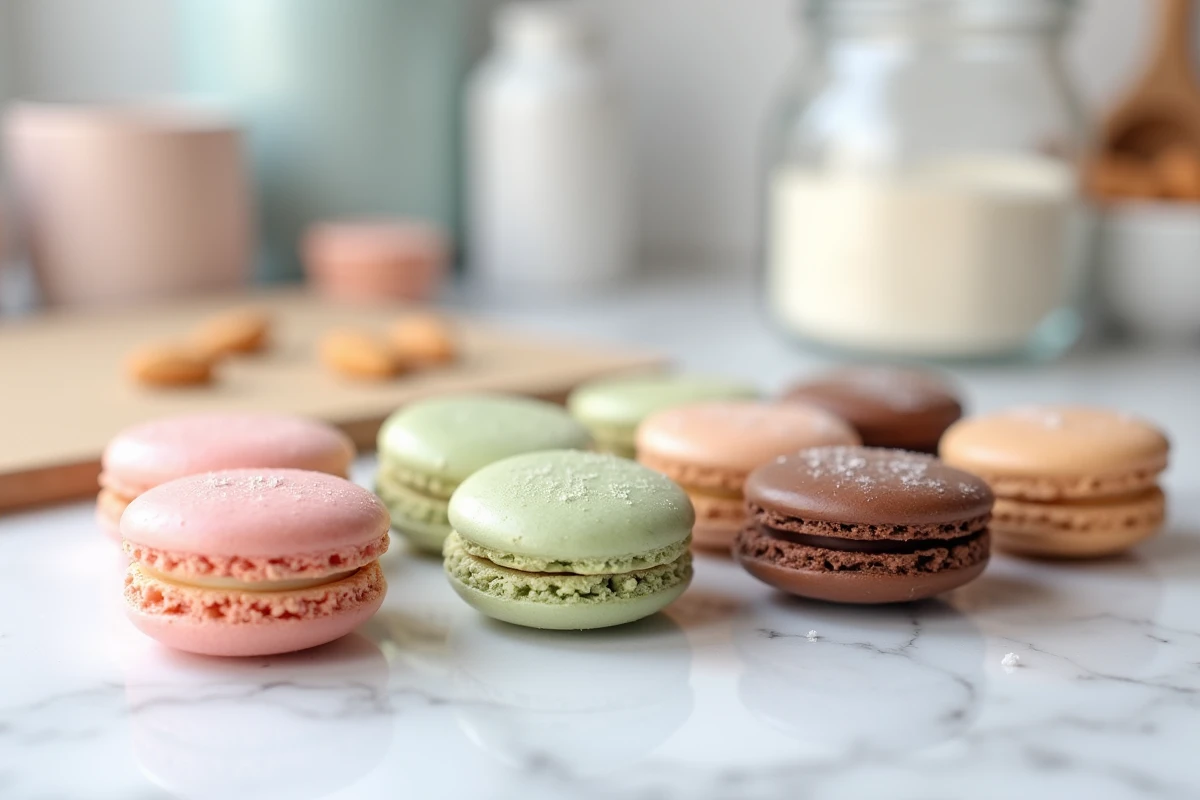 Comparaison de coques de macarons vides fraîches et surgelées sur un plan de travail en marbre