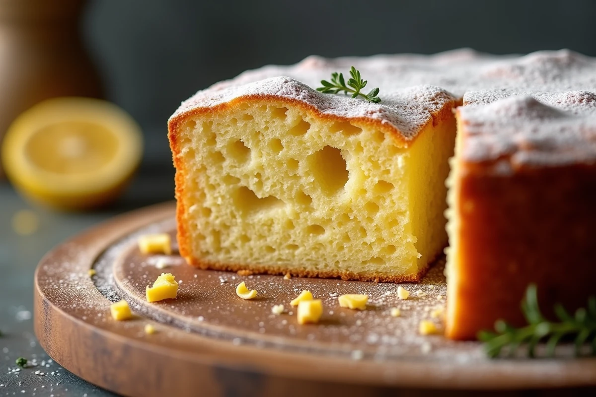 Coupe transversale d'un gâteau au yaourt moelleux montrant la mie dorée et tendre avec du sucre glace et des zestes de citron