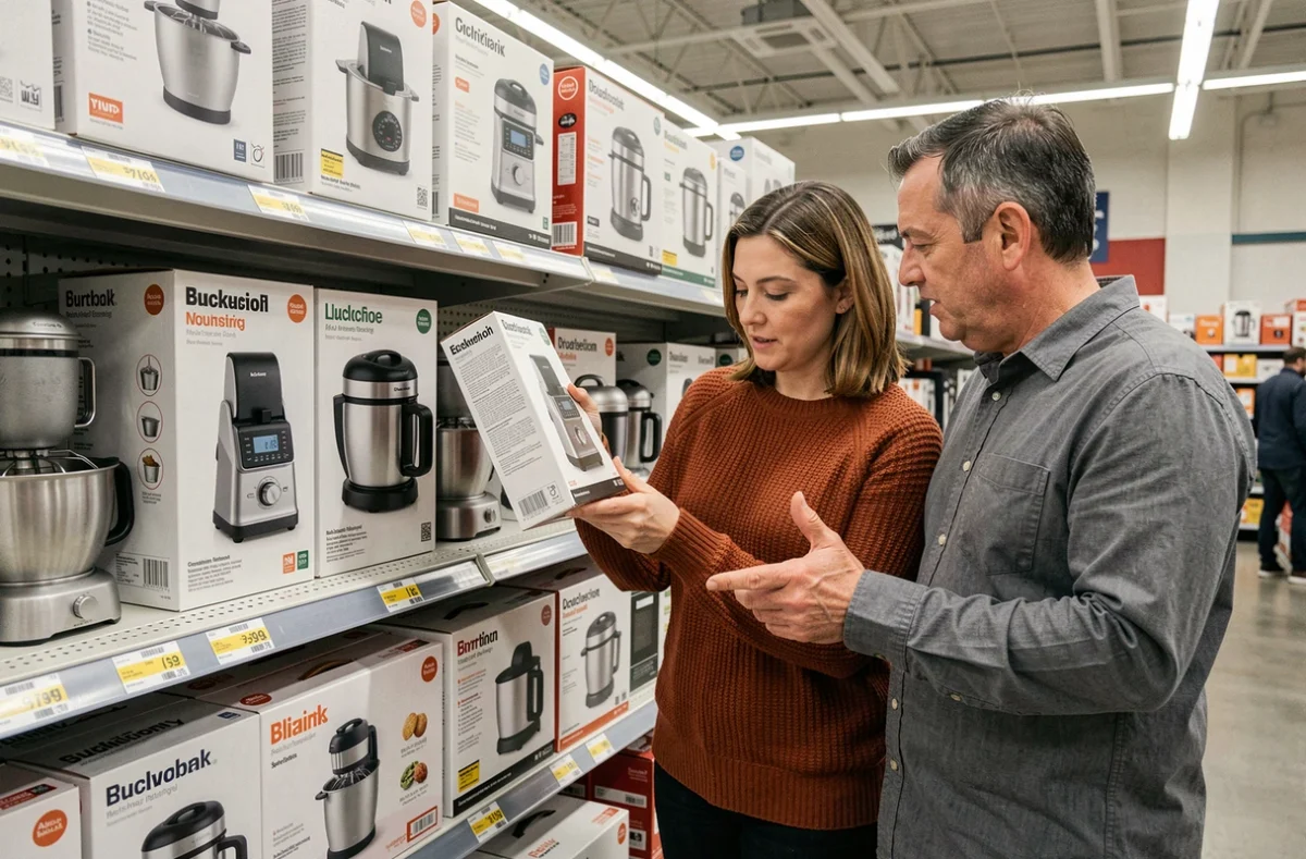 Couple en grande surface comparant les prix et modèles de robots cuiseurs dans un rayon électroménager