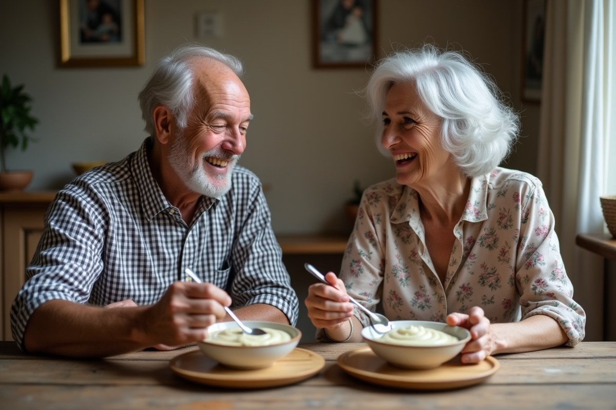 Couple âgé partageant un repas de purée Mousline