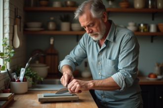Homme d'âge moyen affûte un couteau de cuisine avec pierre à l'intérieur