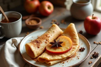 Crépiaux aux pommes revisités aux épices d'hiver servis sur une assiette rustique en céramique, cannelle et anis étoilé visibles