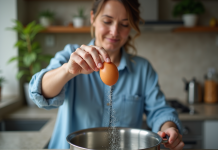 Œufs durs : pourquoi et comment ajouter du sel à l’eau de cuisson ? Femme en cuisine déposant un œuf dans une casserole d'eau