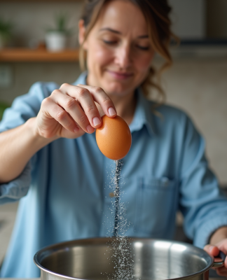 Femme en cuisine déposant un œuf dans une casserole d'eau