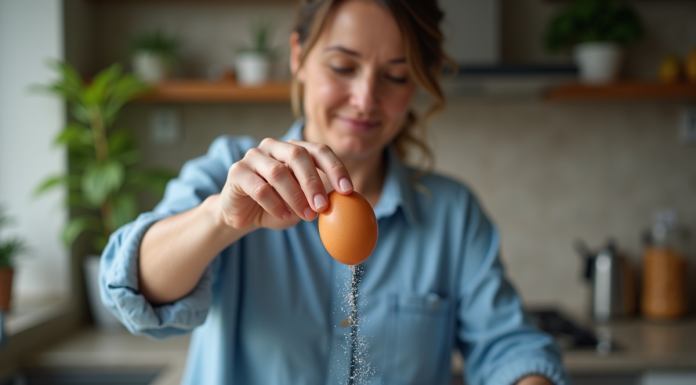 Femme en cuisine déposant un œuf dans une casserole d'eau