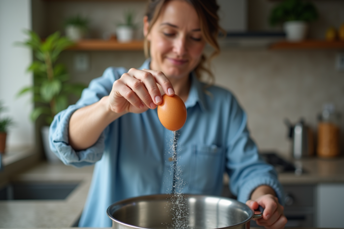 cuisine-couleur-oeuf-cuire Femme en cuisine déposant un œuf dans une casserole d'eau