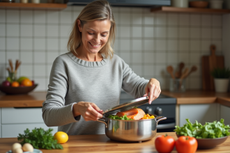 Femme souriante levant le couvercle d'un panier vapeur avec légumes et saumon