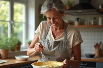 Femme souriante mélangeant la pâte à quiche dans un bol