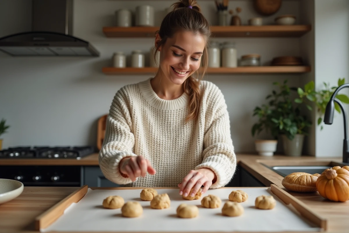 Femme en cuisine préparant des boules de pâte à cookies
