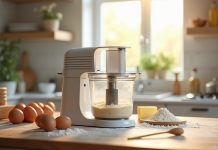 Plan de cuisine moderne avec robot pâtissier en action