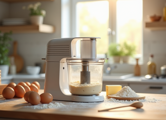 Plan de cuisine moderne avec robot pâtissier en action