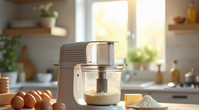 Plan de cuisine moderne avec robot pâtissier en action