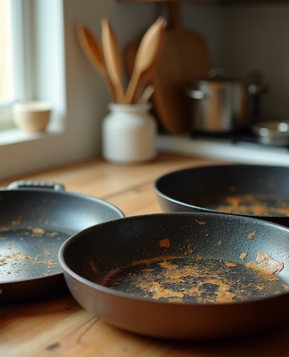 Poeles usées et une poêle moderne dans une cuisine lumineuse