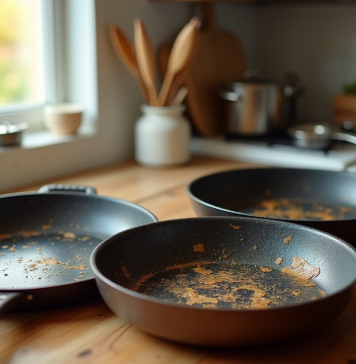 Poeles usées et une poêle moderne dans une cuisine lumineuse