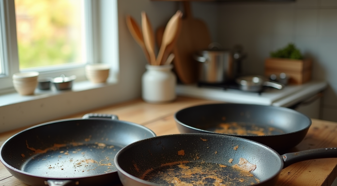 Poeles usées et une poêle moderne dans une cuisine lumineuse