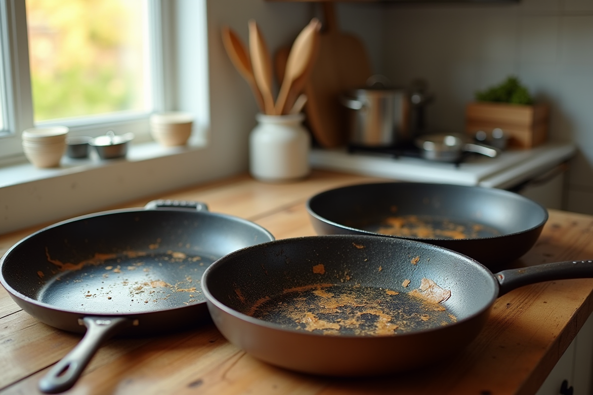 Poeles usées et une poêle moderne dans une cuisine lumineuse