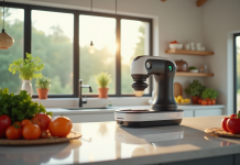 Cuisine moderne avec robot multifonction en action et légumes frais