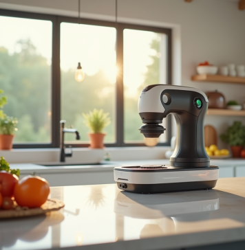 Cuisine moderne avec robot multifonction en action et légumes frais