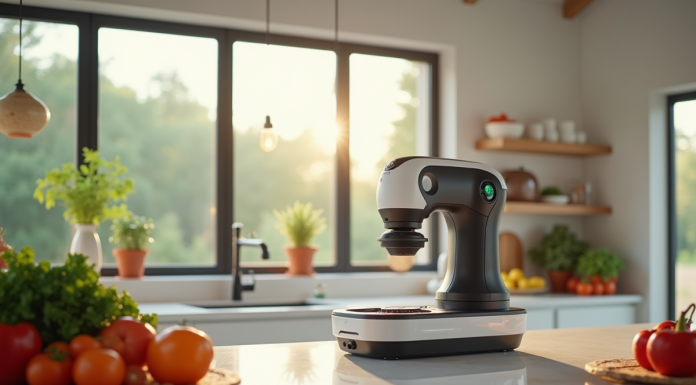 Cuisine moderne avec robot multifonction en action et légumes frais