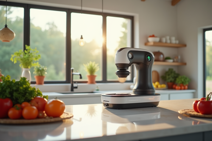 cuisine-robot-cuisine-familiale Cuisine moderne avec robot multifonction en action et légumes frais