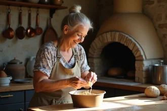 Femme âgée souriante verse la pâte dans un moule à pain dans une cuisine rustique
