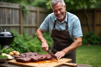 Homme en cuisine coupant un filet mignon grillé dans un jardin