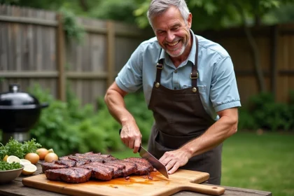 Homme en cuisine coupant un filet mignon grillé dans un jardin